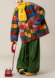 Plus Size Plaid Pockets Woolen Coat And Green Pants Two Pieces Set Winter