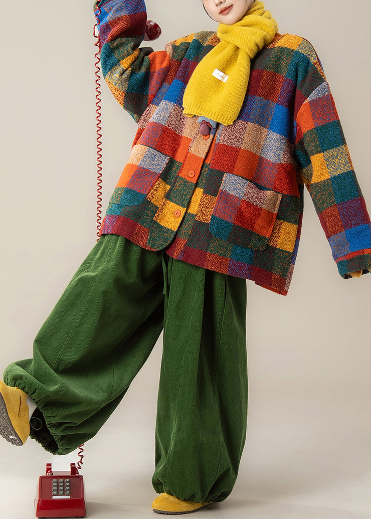 Plus Size Plaid Pockets Woolen Coat And Green Pants Two Pieces Set Winter