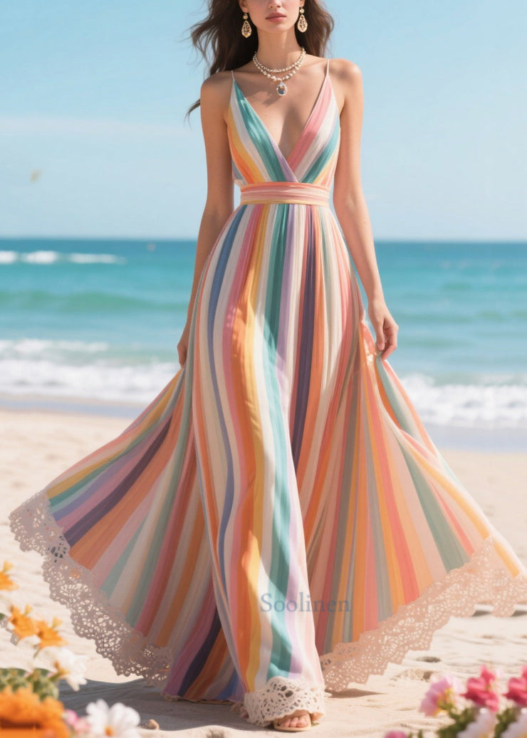 Plus Size Polychrome Striped Patchwork Exra Large Hem Beach Dress Summer