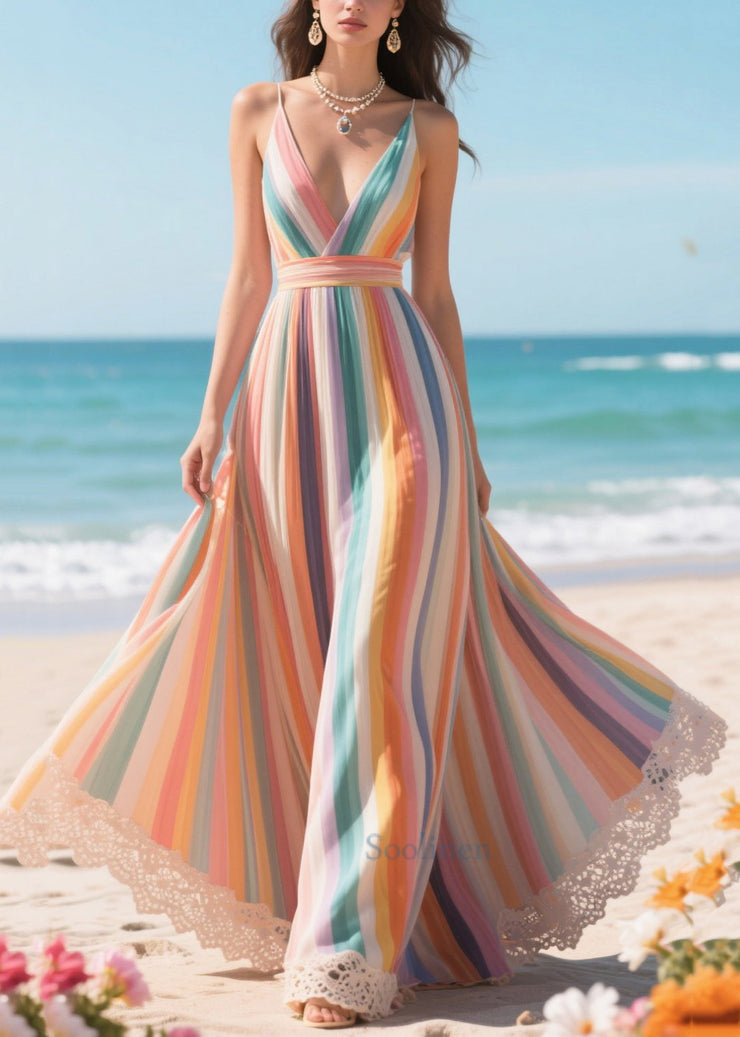 Plus Size Polychrome Striped Patchwork Exra Large Hem Beach Dress Summer