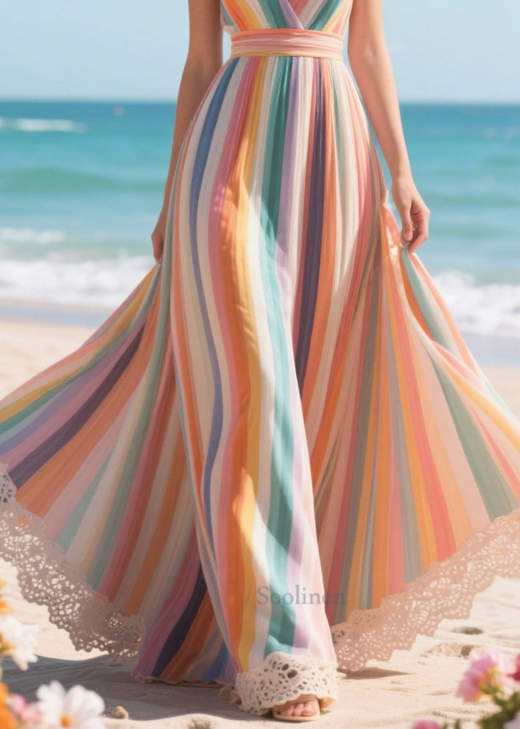 Plus Size Polychrome Striped Patchwork Exra Large Hem Beach Dress Summer