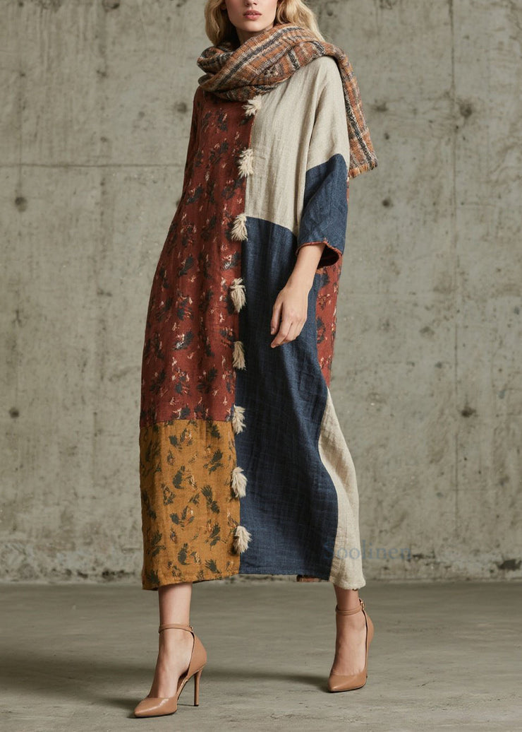 Plus Size Print Patchwork Cotton Maxi Dresses Fall