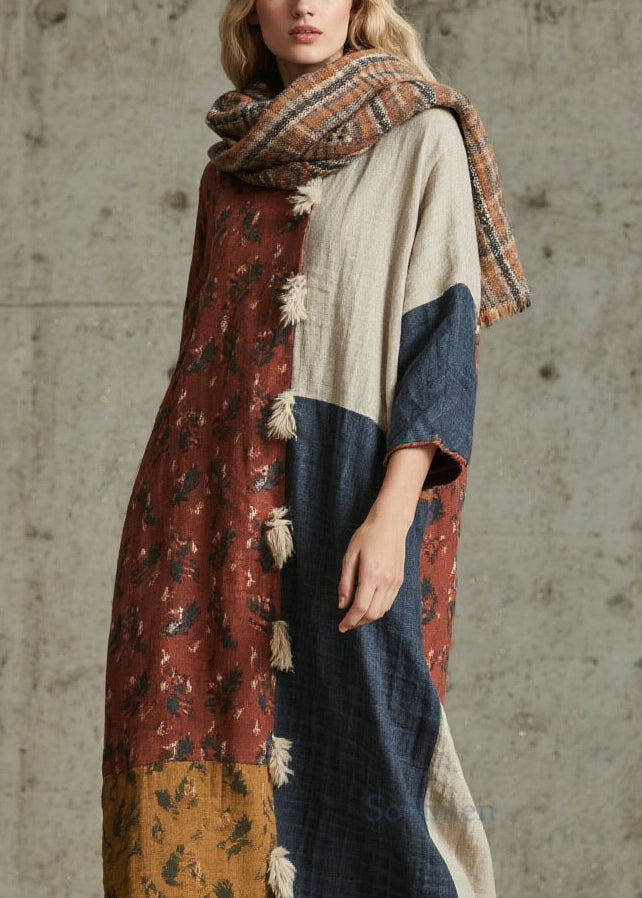 Plus Size Print Patchwork Cotton Maxi Dresses Fall