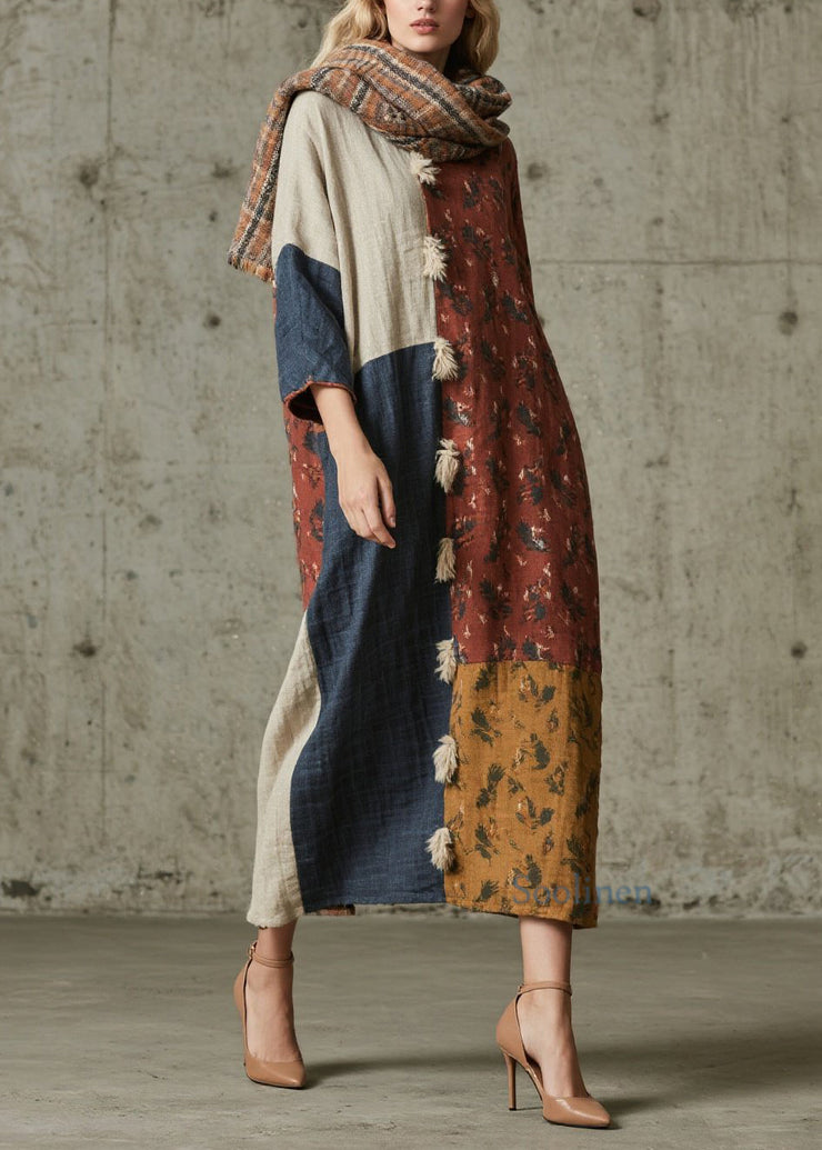 Plus Size Print Patchwork Cotton Maxi Dresses Fall