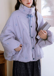 Plus Size Purple Embroidered Lace Up Pockets Cotton Filled Parkas Winter