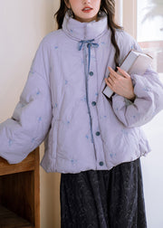 Plus Size Purple Embroidered Lace Up Pockets Cotton Filled Parkas Winter
