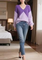 Plus Size Purple Patchwork Mink Hair Knitted Sweaters Winter