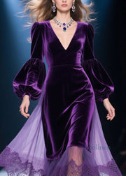 Plus Size Purple V Neck Lace Tulle Patchwork Velvet Dress Fall