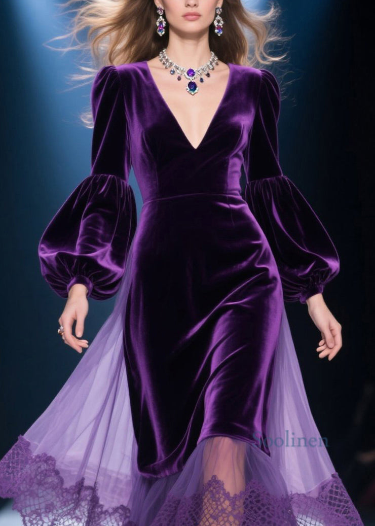 Plus Size Purple V Neck Lace Tulle Patchwork Velvet Dress Fall