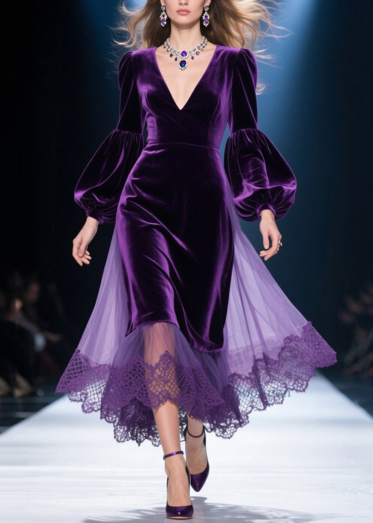 Plus Size Purple V Neck Lace Tulle Patchwork Velvet Dress Fall