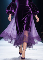 Plus Size Purple V Neck Lace Tulle Patchwork Velvet Dress Fall