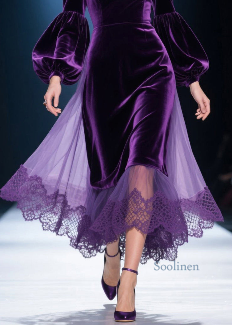 Plus Size Purple V Neck Lace Tulle Patchwork Velvet Dress Fall