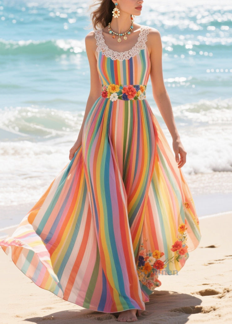 Plus Size Rainbow Striped Exra Large Hem Chiffon Beach Dresses Summer
