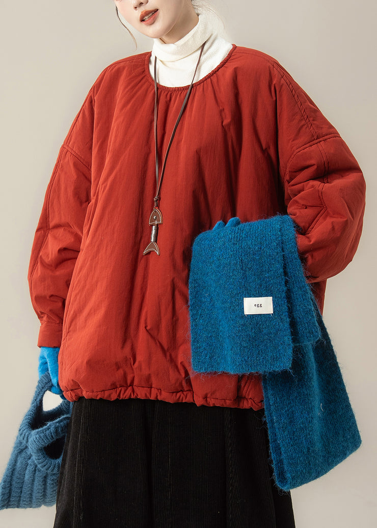 Plus Size Red Button Drawstring Solid Fine Cotton Filled Parka