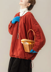 Plus Size Red Button Drawstring Solid Fine Cotton Filled Parka