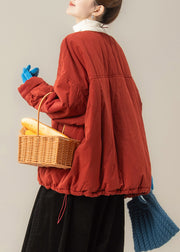 Plus Size Red Button Drawstring Solid Fine Cotton Filled Parka