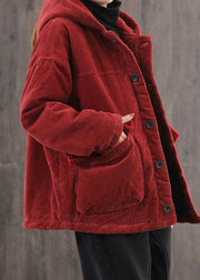 Plus Size Red Hooded Pockets Fine Cotton Filled Corduroy Parka Jacket Winter
