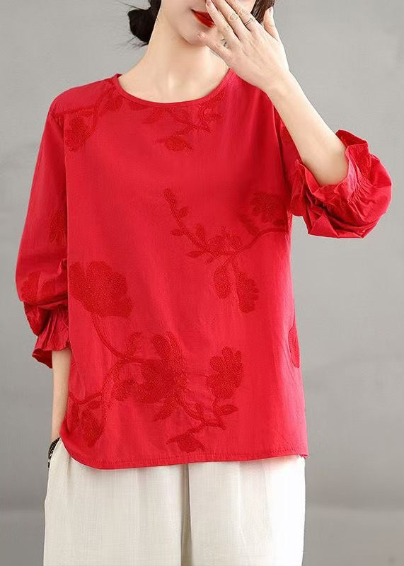 Plus Size Red O-Neck Embroidered Cotton Shirt Top Fall