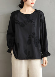 Plus Size Red O-Neck Embroidered Cotton Shirt Top Fall