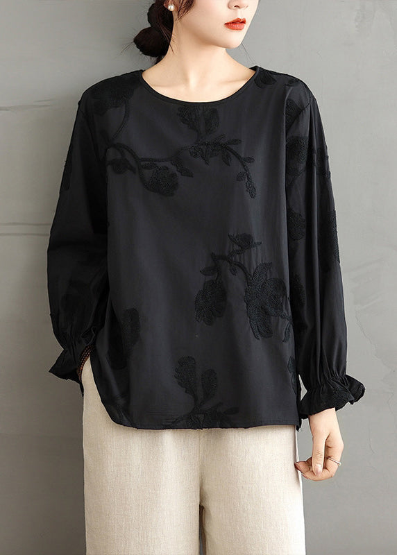 Plus Size Red O-Neck Embroidered Cotton Shirt Top Fall