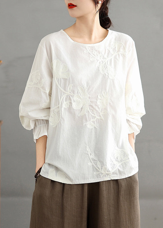 Plus Size Red O-Neck Embroidered Cotton Shirt Top Fall