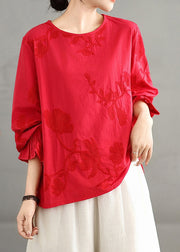 Plus Size Red O-Neck Embroidered Cotton Shirt Top Fall
