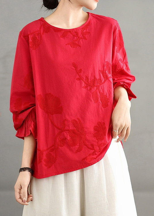 Plus Size Red O-Neck Embroidered Cotton Shirt Top Fall