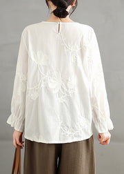Plus Size Red O-Neck Embroidered Cotton Shirt Top Fall