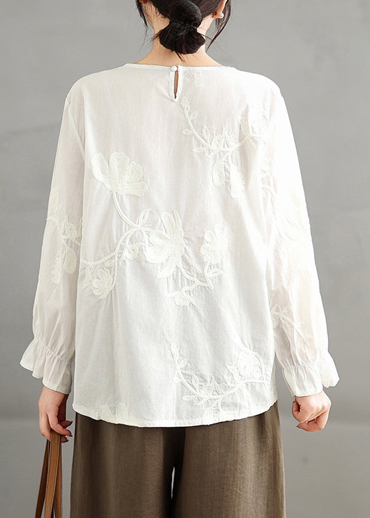 Plus Size Red O-Neck Embroidered Cotton Shirt Top Fall