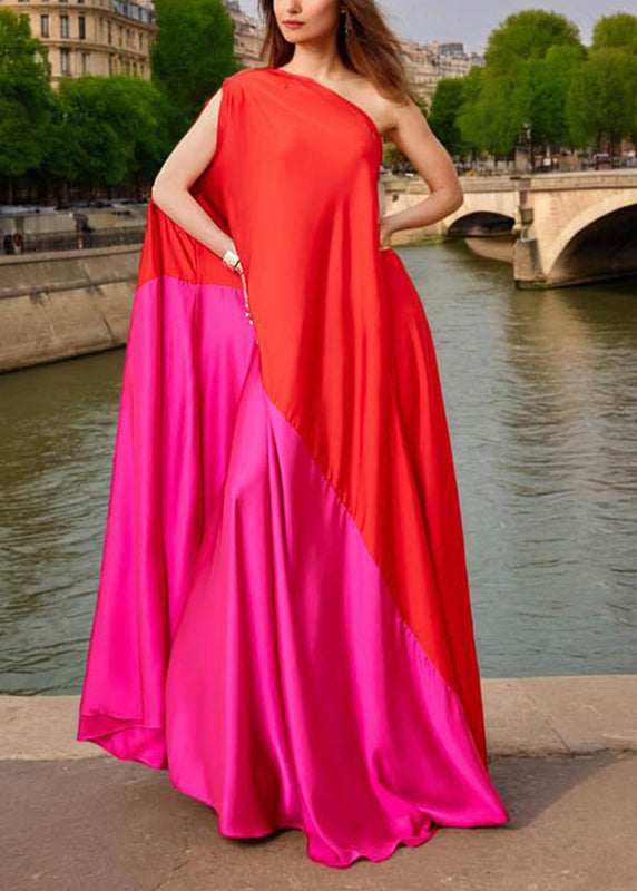 Plus Size Red One Shoulder Patchwork Maxi Dress Summer