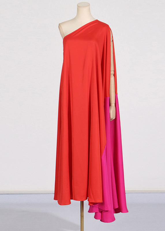 Plus Size Red One Shoulder Patchwork Maxi Dress Summer