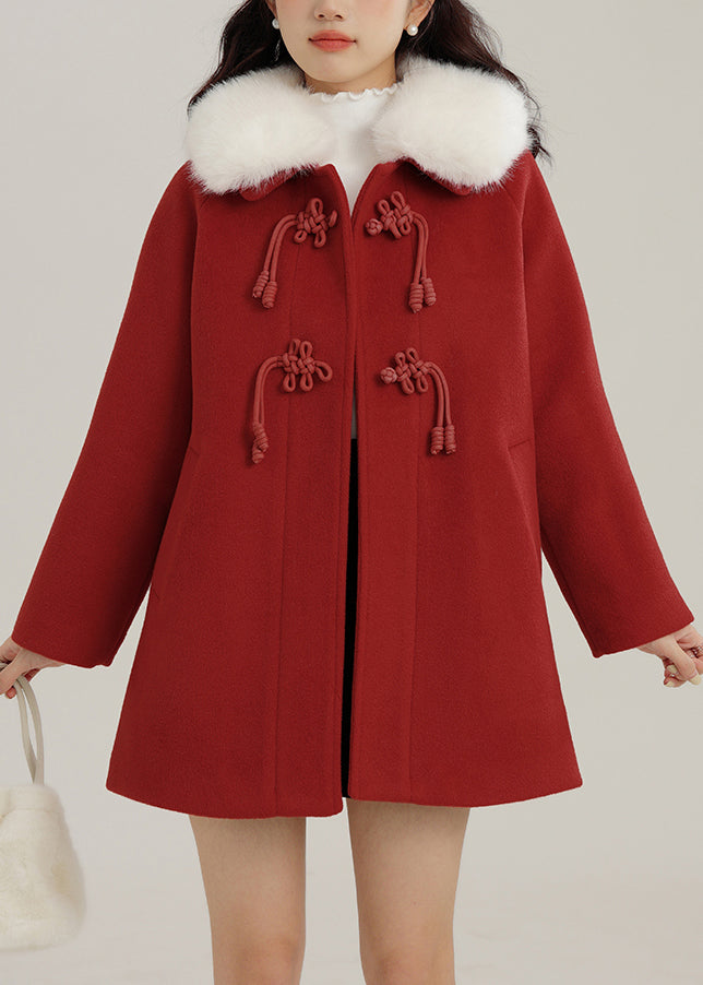 Plus Size Red Oversized Chinese Button Woolen Coats Winter