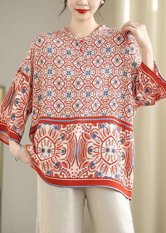 Plus Size Red Oversized Print Tops Bracelet Sleeve