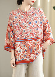 Plus Size Red Oversized Print Tops Bracelet Sleeve