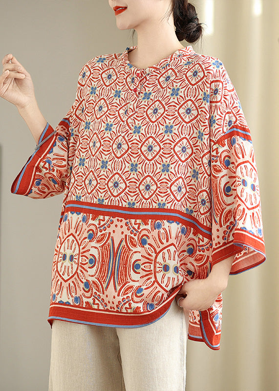 Plus Size Red Oversized Print Tops Bracelet Sleeve