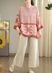 Plus Size Red Oversized Print Tops Bracelet Sleeve