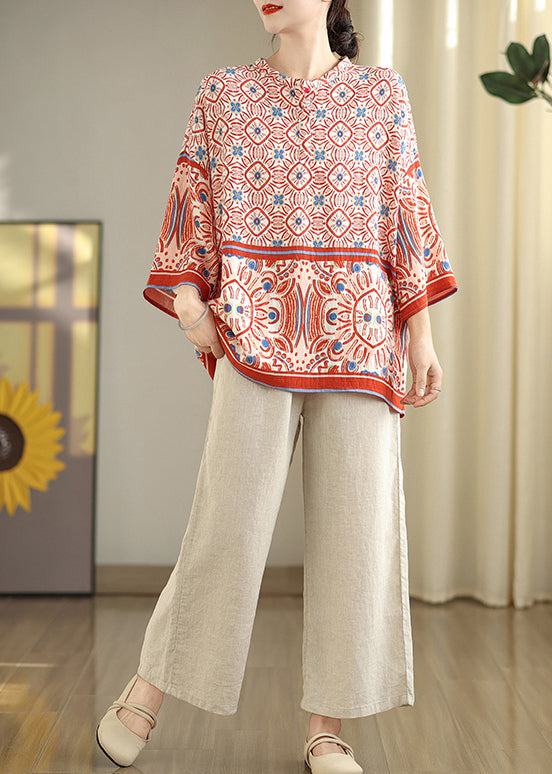Plus Size Red Oversized Print Tops Bracelet Sleeve