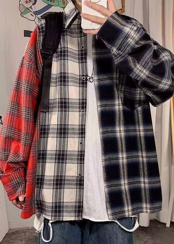 Plus Size Red Peter Pan Collar Plaid Cotton Men&