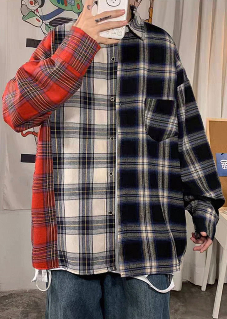 Plus Size Red Peter Pan Collar Plaid Cotton Men&