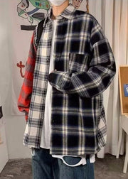 Plus Size Red Peter Pan Collar Plaid Cotton Men's Shirts Spring
