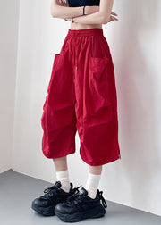 Plus Size Red Pockets Elastic Waist Cotton Crop Pants Summer