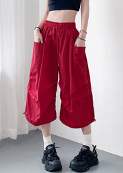 Plus Size Red Pockets Elastic Waist Cotton Crop Pants Summer