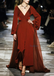 Plus Size Red V Neck Patchwork Cotton Party Dress Fall