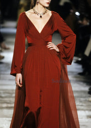 Plus Size Red V Neck Patchwork Cotton Party Dress Fall