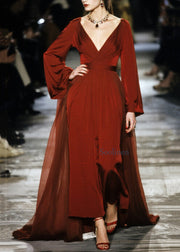 Plus Size Red V Neck Patchwork Cotton Party Dress Fall