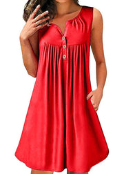Plus Size Red V Neck Wrinkled Cotton Mid Dress Sleeveless