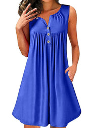 Plus Size Red V Neck Wrinkled Cotton Mid Dress Sleeveless