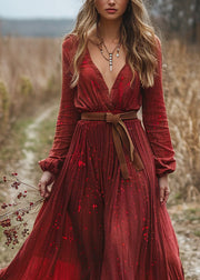 Plus Size Red V Neck Wrinkled Patchwork Cotton Dress Long Sleeve