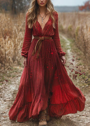 Plus Size Red V Neck Wrinkled Patchwork Cotton Dress Long Sleeve