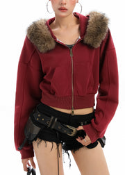 Plus Size Red Zip Up Patchwork Faux Fur Hooded Coat Winter